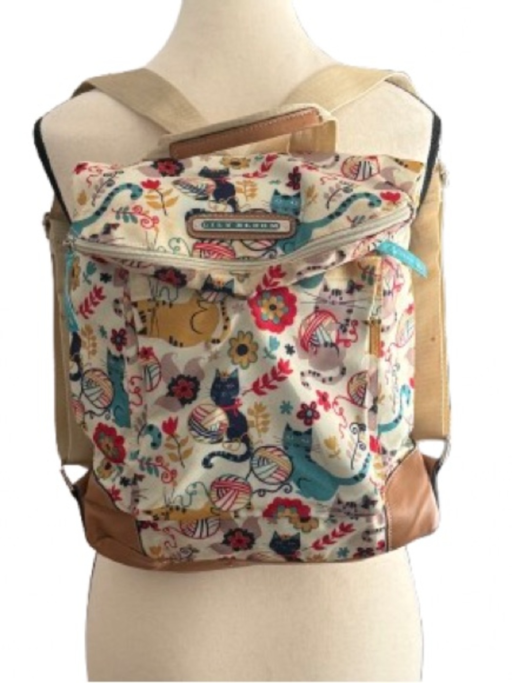 Lily Bloom Cat & Yarn Print Backpack Canvas Faux Leather Travel School Bag